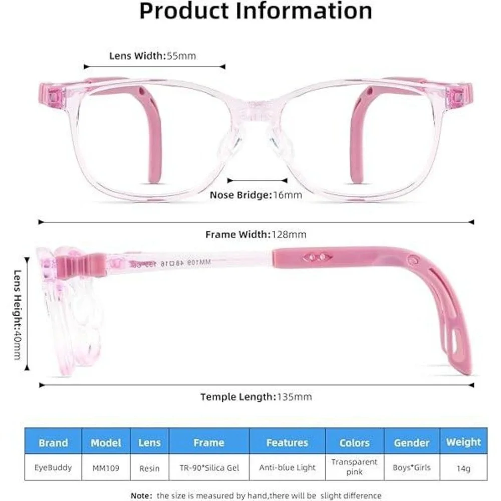 EyeBuddy Kids Anti Blue Light Glasses‎ Transparent Pink MM109 Light TR90 7-13